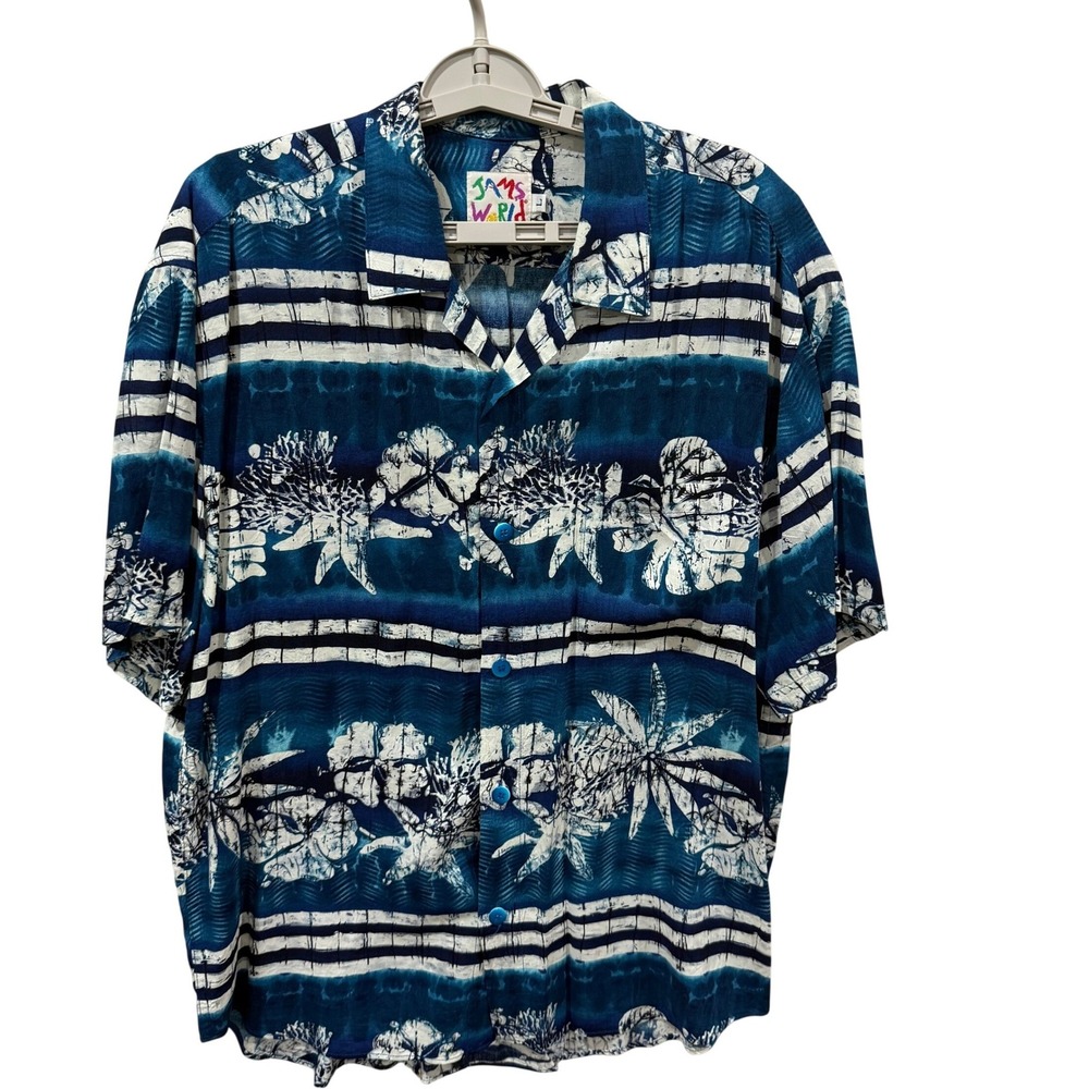 Jams World Mens Large Blue White Floral Stripe Rayon Button Down Shirt USA Made